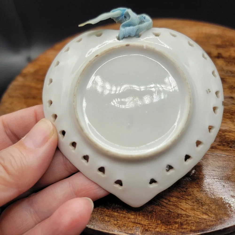 Small Heart Shaped Trinket Dish With Blue Flowers